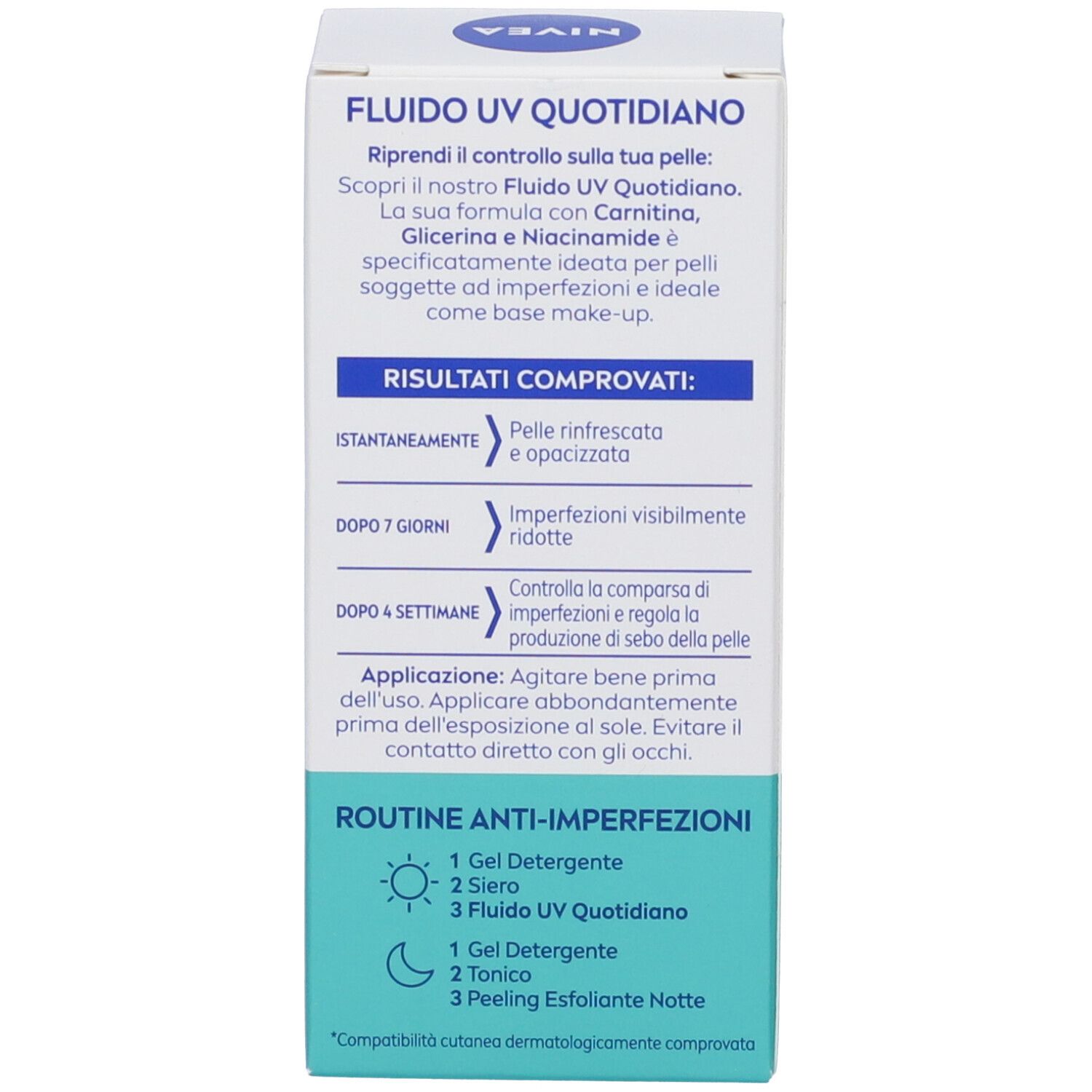 Retro della confezione del prodotto. Contiene informazioni sull'uso, risultati e una routine anti-imperfezioni.