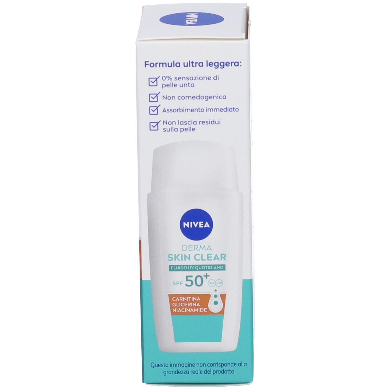 Lato della confezione del prodotto. Contiene informazioni sulla formula, logo NIVEA e immagine del prodotto. Testo e loghi.