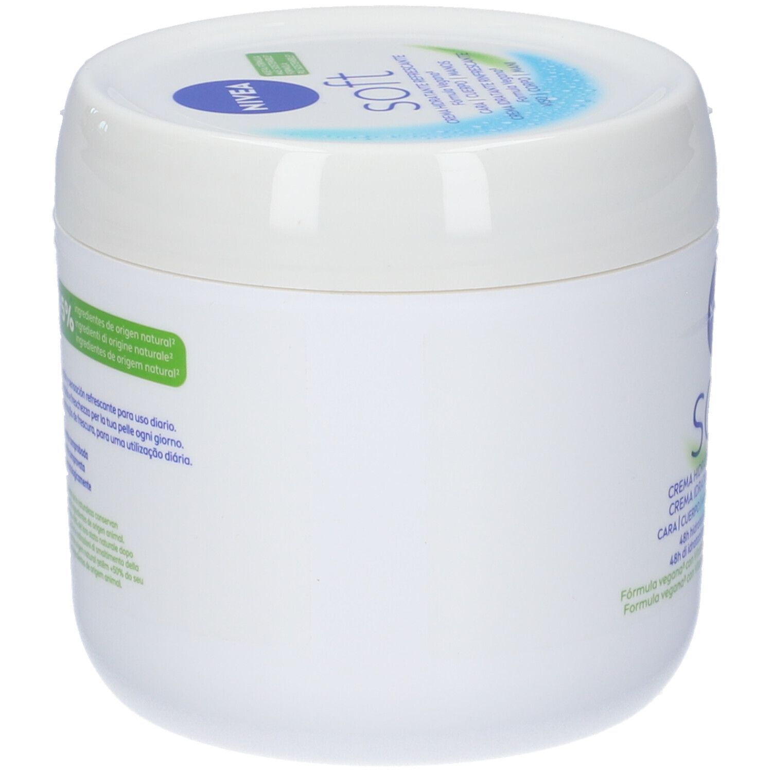 Vaso bianco NIVEA Soft Crema, vista laterale. Nome del prodotto e testo in più lingue.