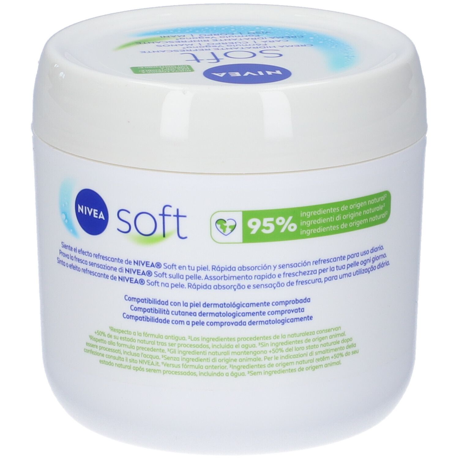 Vaso bianco NIVEA Soft Crema, retro con testo e logo verde. 95% ingredienti di origine naturale.