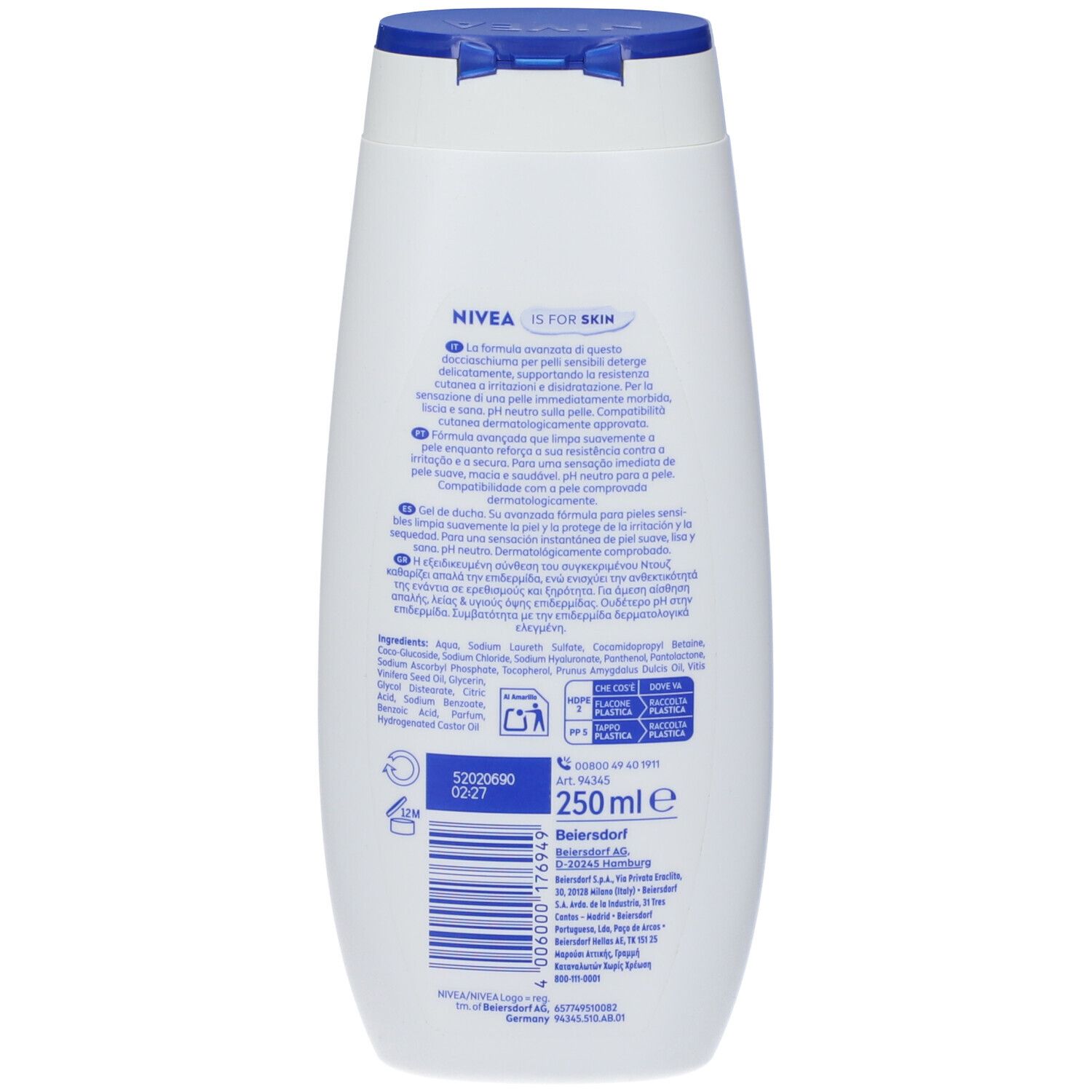 Retro di un flacone bianco. Testo: NIVEA IS FOR SKIN. Ingredienti, simboli di riciclaggio, 250 ml. Codice a barre e informazioni produttore.