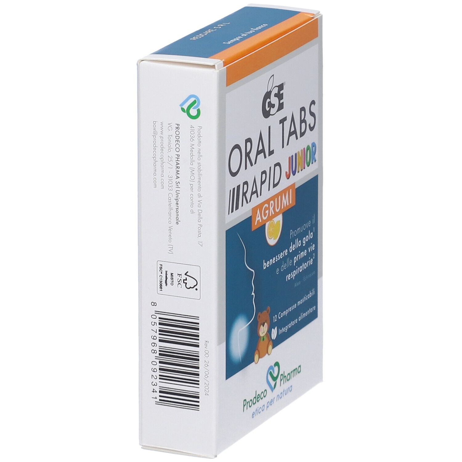 Scatola GSE ORAL TABS RAPID JUNIOR AGRUMI. Vista laterale. Testo e logo. 12 compresse.