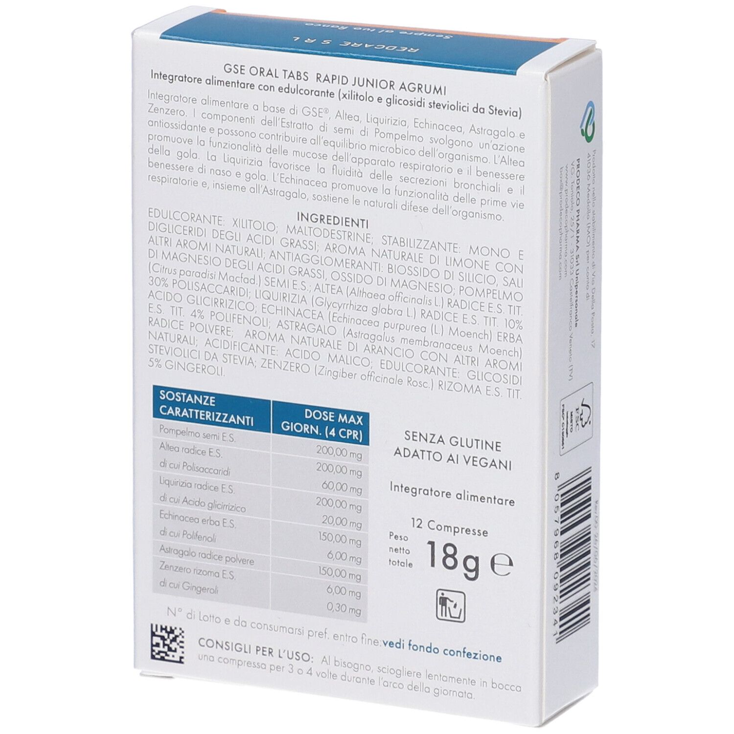 Retro della scatola GSE ORAL TABS RAPID JUNIOR AGRUMI. Ingredienti e informazioni nutrizionali. 12 compresse.