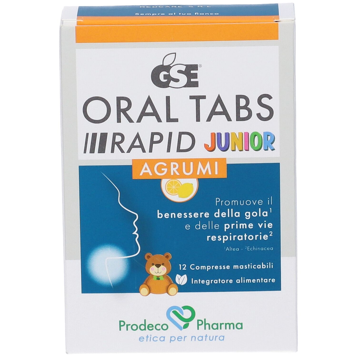 Scatola di GSE ORAL TABS RAPID JUNIOR AGRUMI. 12 compresse. Illustrazione bambino e limone.