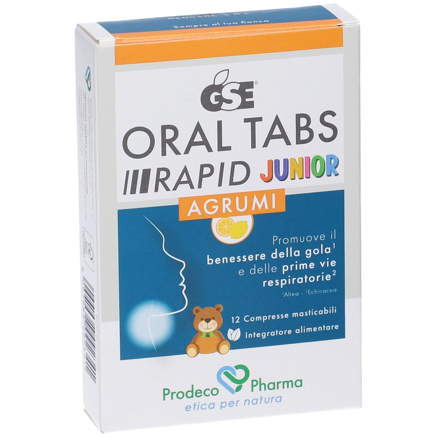 Scatola di GSE ORAL TABS RAPID JUNIOR AGRUMI. 12 compresse. Illustrazione bambino e limone.