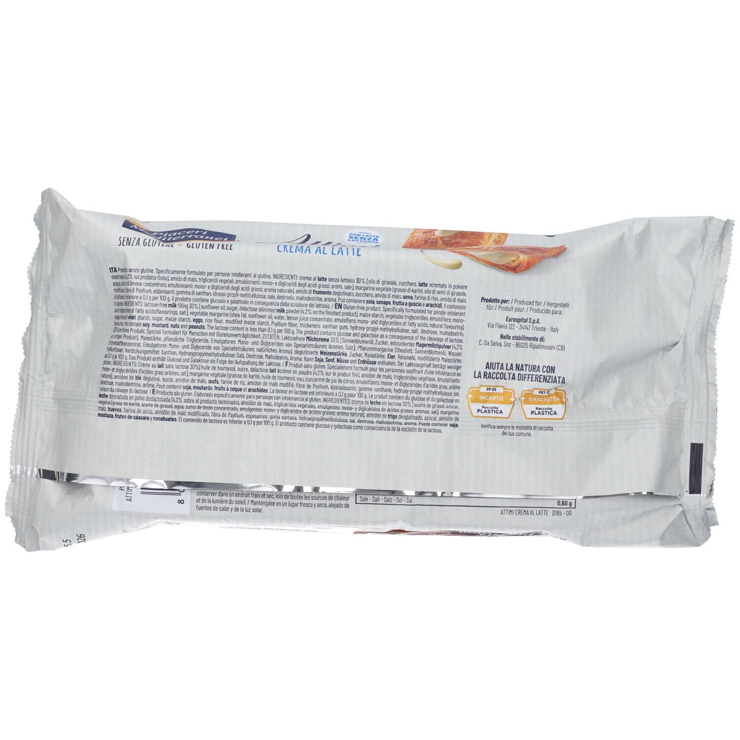 Retro della confezione di pasticcini. Incarto bianco con testo e informazioni nutrizionali. Senza glutine, senza lattosio.