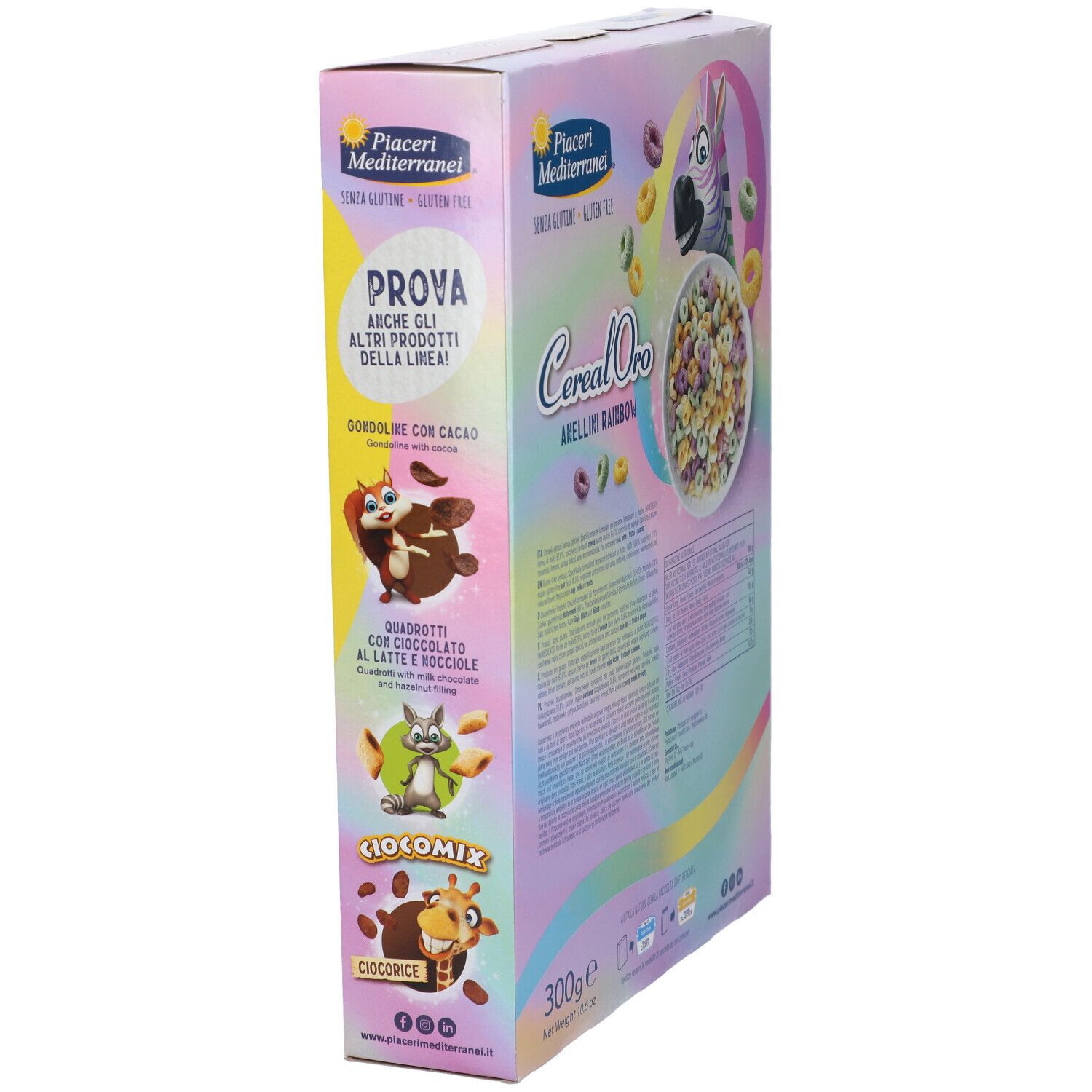 Confezione Piaceri Mediterranei Cereal Oro Anellini Rainbow. Vista laterale con illustrazioni prodotti. Senza glutine.