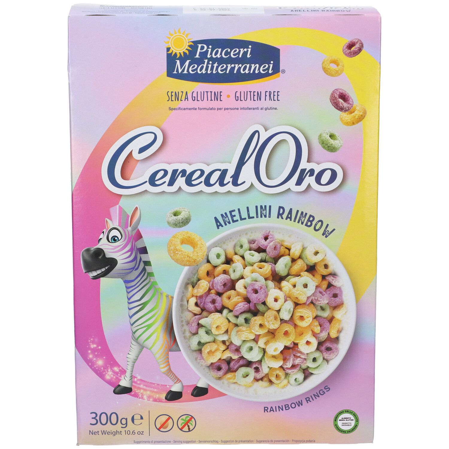 Confezione Piaceri Mediterranei Cereal Oro Anellini Rainbow. Vista frontale. Anelli colorati in ciotola. Senza glutine.