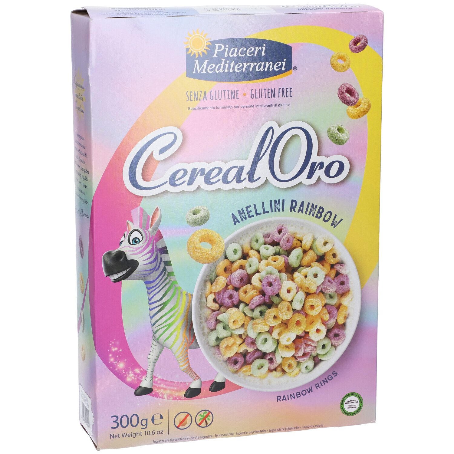 Confezione Piaceri Mediterranei Cereal Oro Anellini Rainbow. Vista frontale. Anelli colorati in ciotola. Senza glutine.