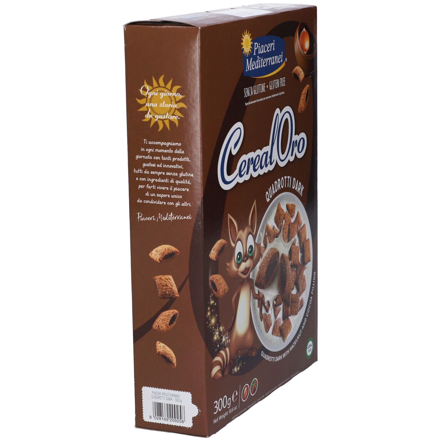 Confezione in cartone marrone, vista laterale. Testo: CerealOro Quadrotti Dark, senza glutine. Illustrazione di Quadrotti e un procione.