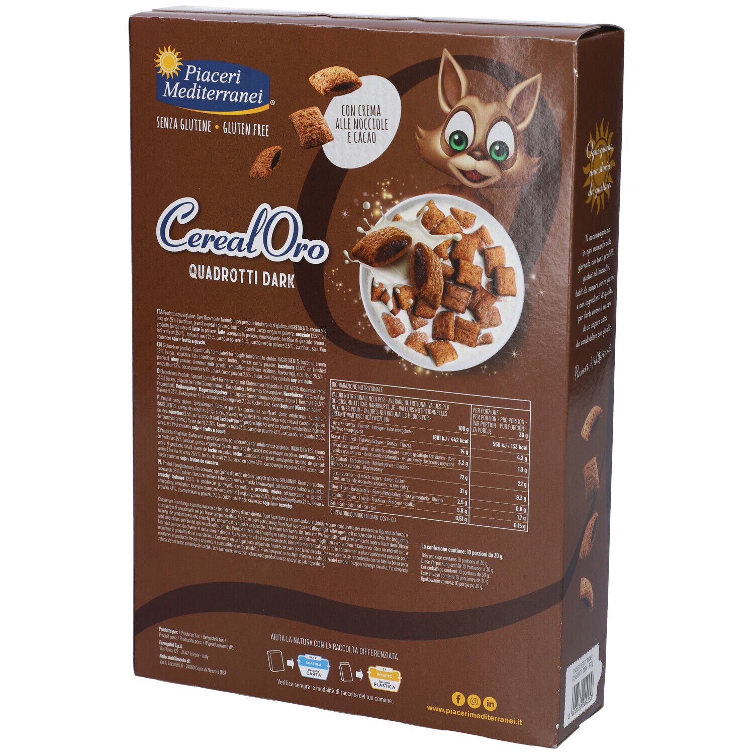 Confezione in cartone marrone, retro. Testo: CerealOro Quadrotti Dark, senza glutine. Informazioni nutrizionali e sul prodotto.