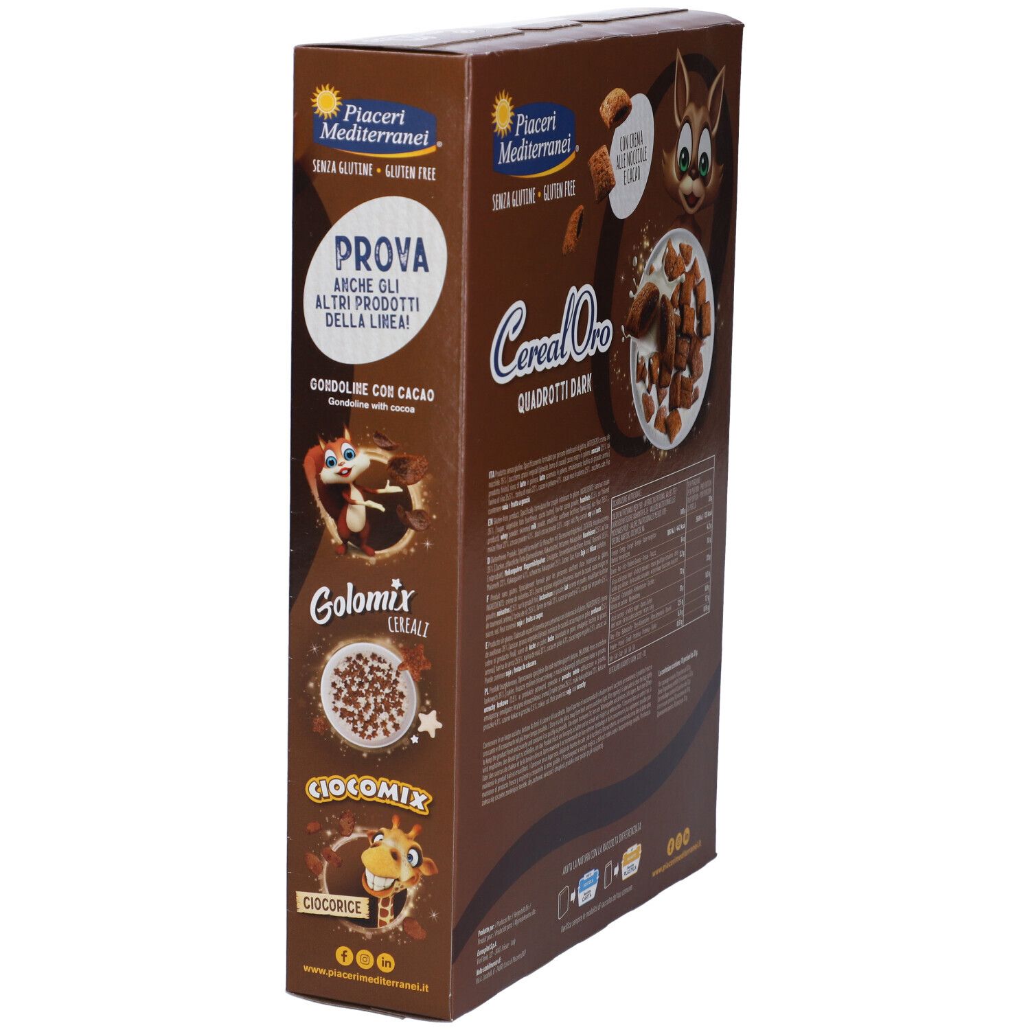 Confezione in cartone marrone, vista laterale. Testo: CerealOro Quadrotti Dark, senza glutine. Pubblicità per altri prodotti del marchio.