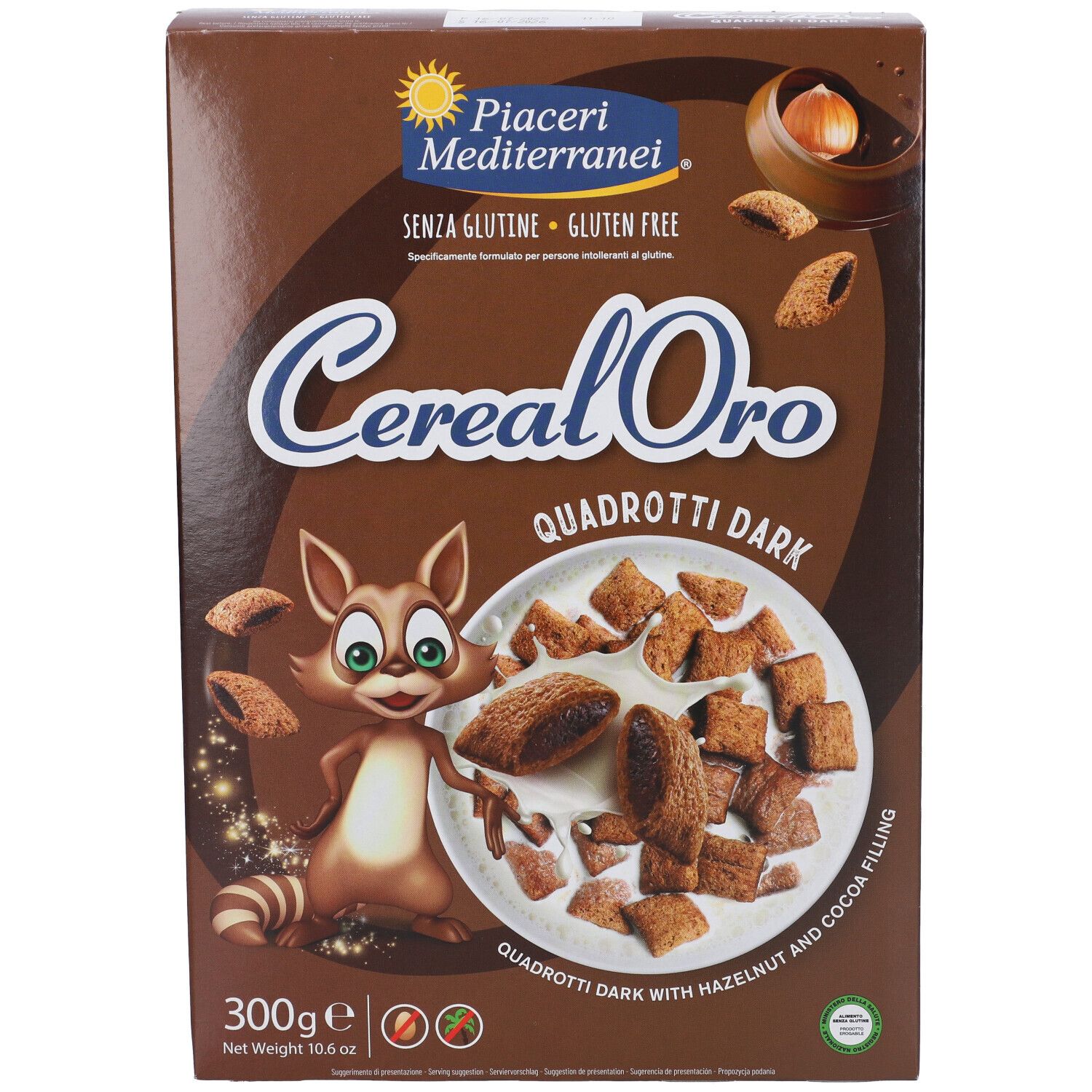 Confezione in cartone marrone con immagine del prodotto. Testo: CerealOro Quadrotti Dark, senza glutine. Illustrazione di Quadrotti e un procione.