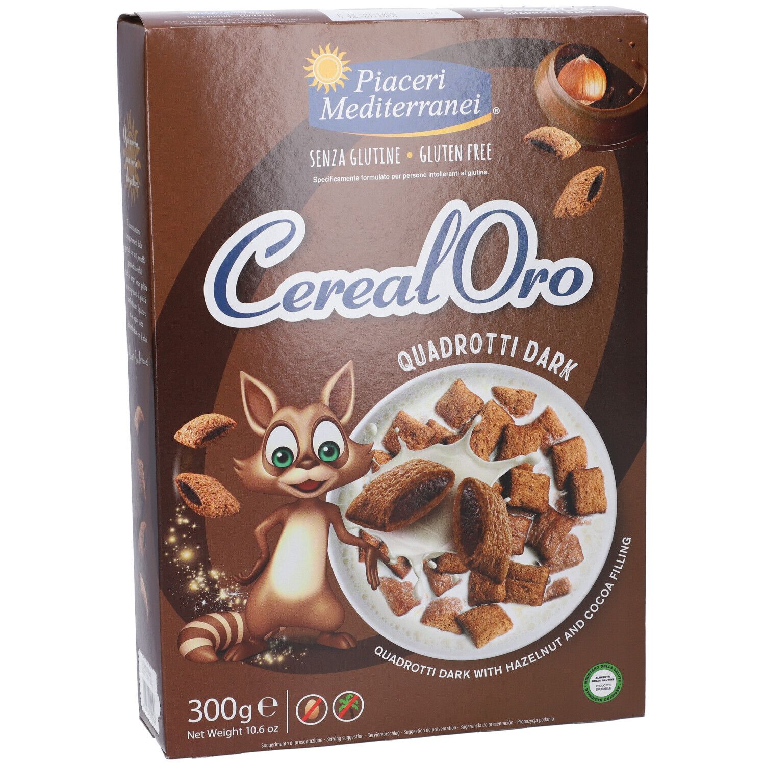 Confezione in cartone marrone con immagine del prodotto. Testo: CerealOro Quadrotti Dark, senza glutine. Illustrazione di Quadrotti e un procione.
