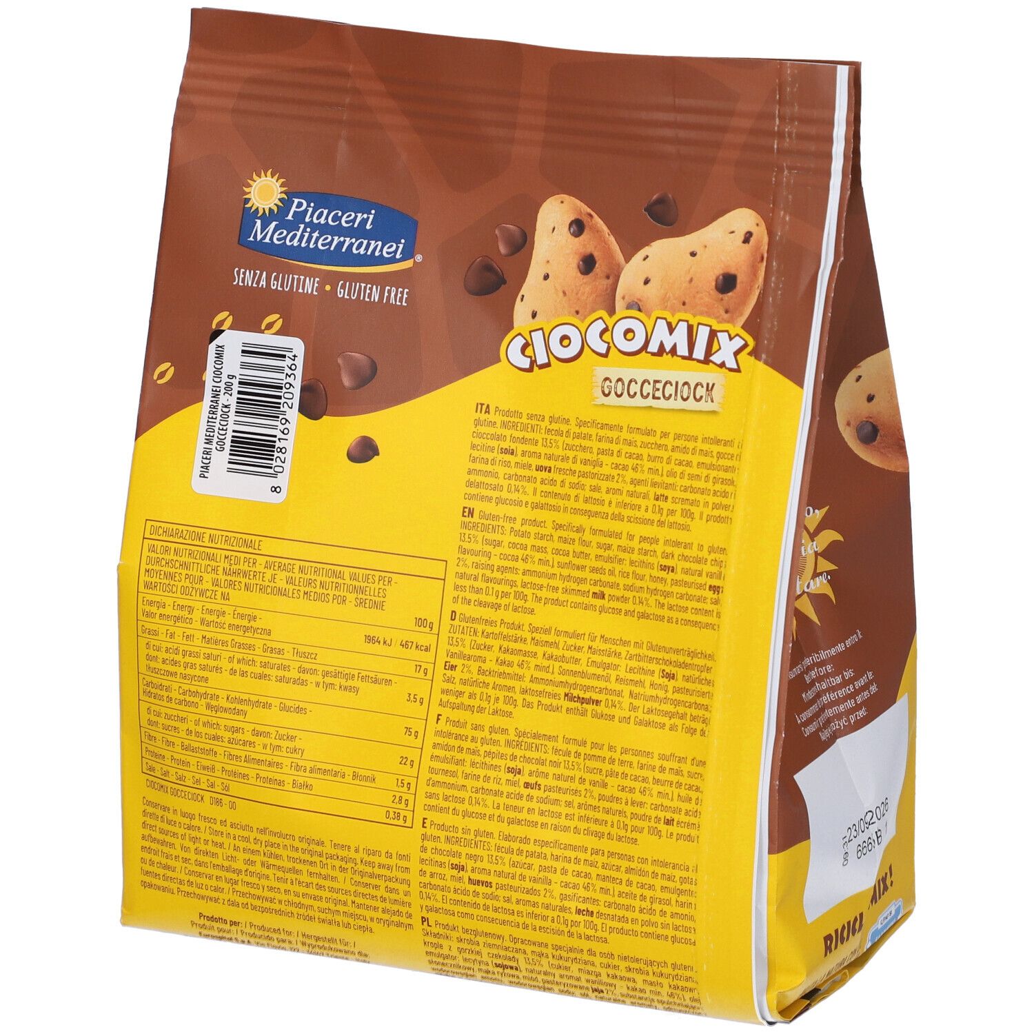 Vista laterale di una confezione da 200g di biscotti Ciocomix Gocceciock senza glutine con gocce di cioccolato.