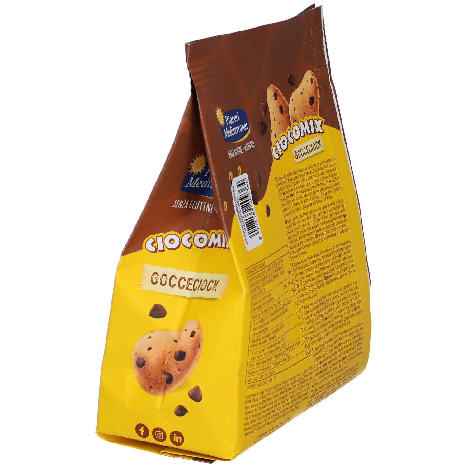 Fronte di una confezione da 200g di biscotti Ciocomix Gocceciock senza glutine con disegno di giraffa.