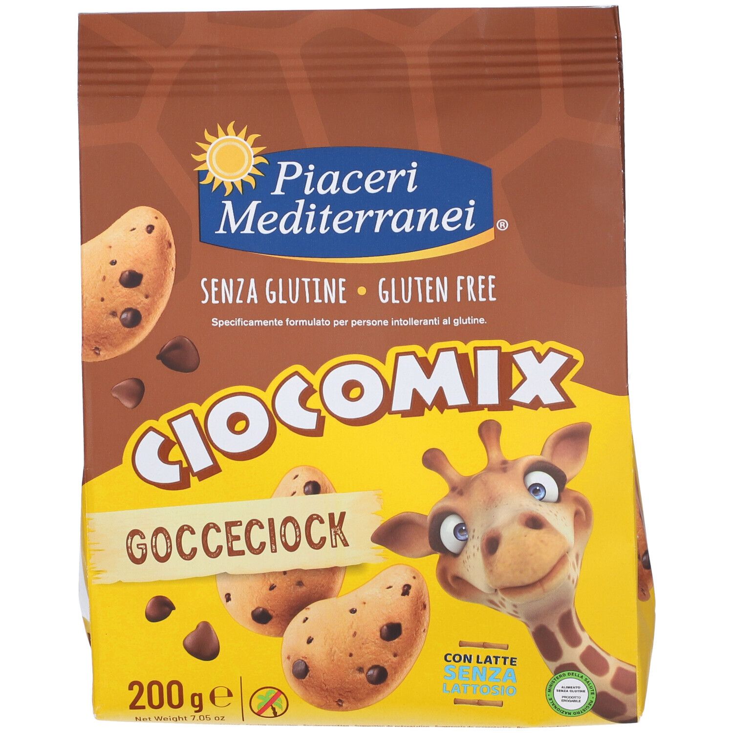 Vista dettagliata dei biscotti Ciocomix Gocceciock senza glutine sulla confezione, 200g.