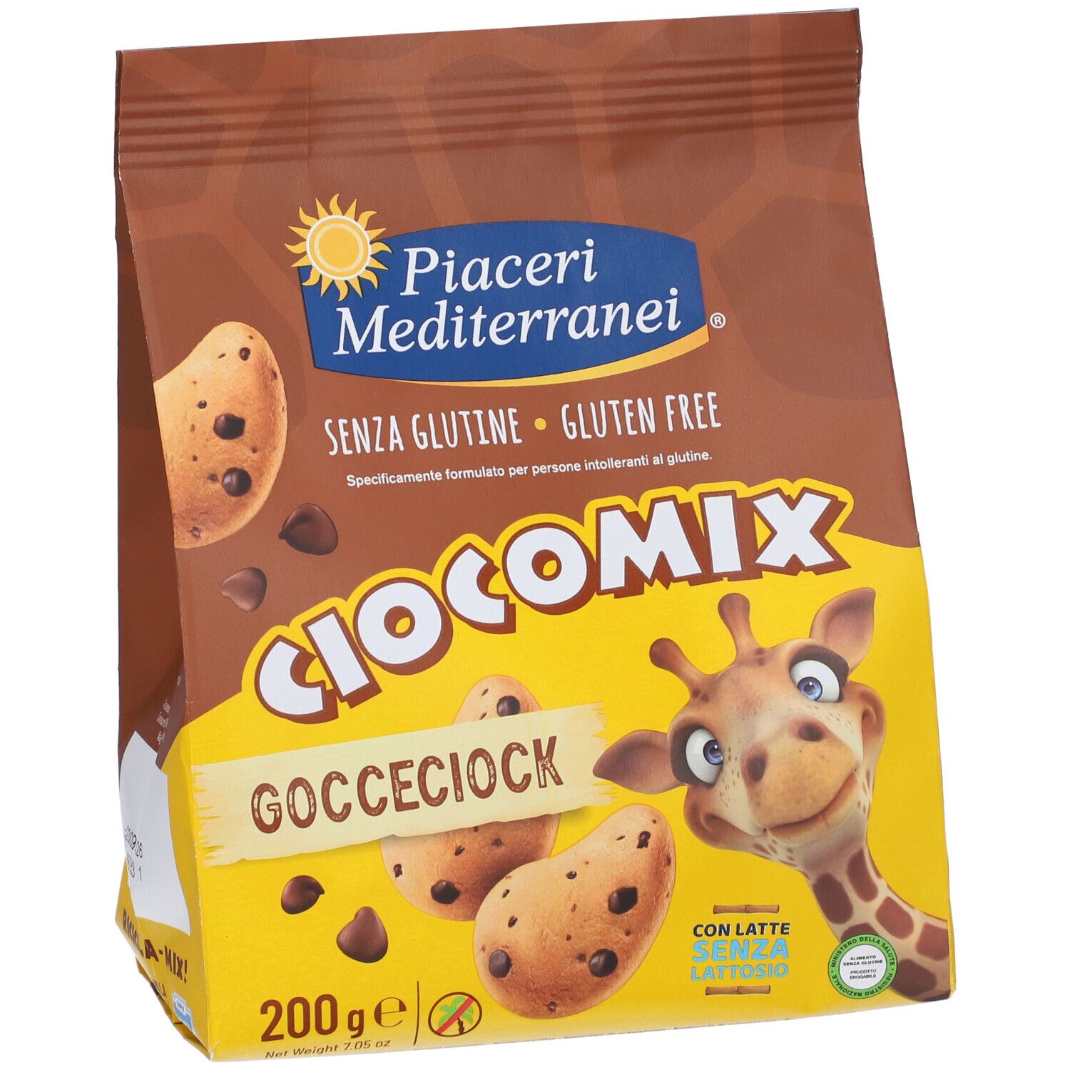 Confezione dei biscotti Piaceri Mediterranei Ciocomix Gocceciock, senza glutine, 200g.