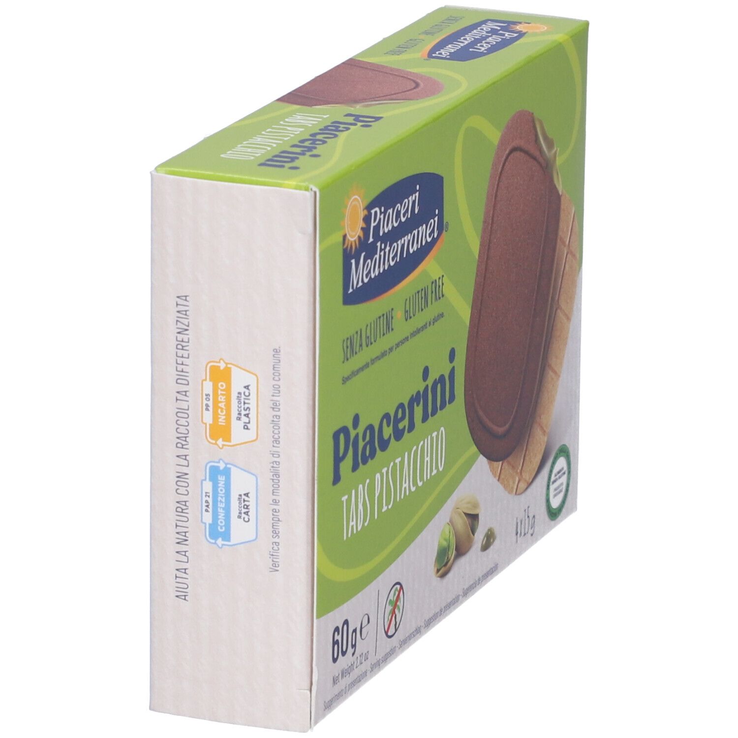Scatola Piacerini Tabs Pistacchio, vista laterale. Confezione verde e bianca con nome del prodotto e logo. Testo e illustrazioni.