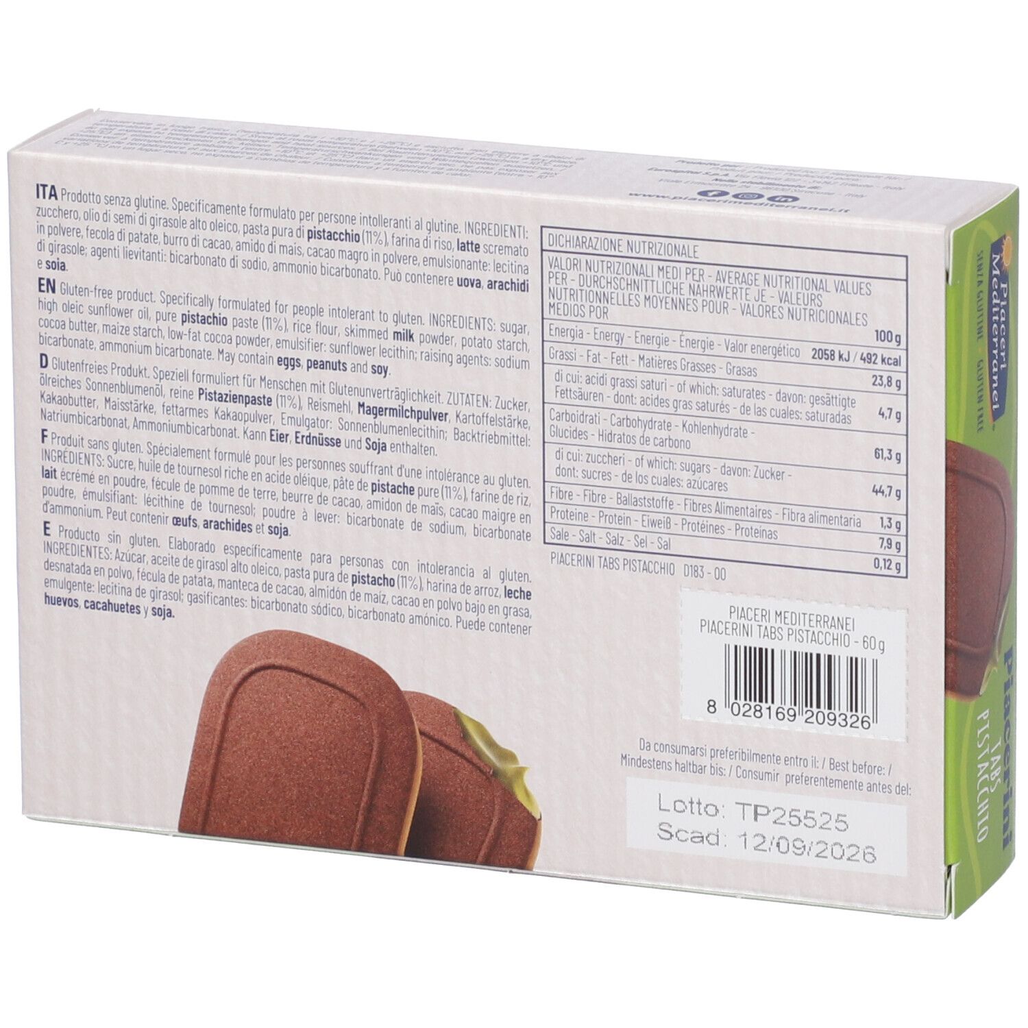 Retro della confezione Piacerini Tabs Pistacchio. Testo in diverse lingue. Informazioni nutrizionali e lista ingredienti.