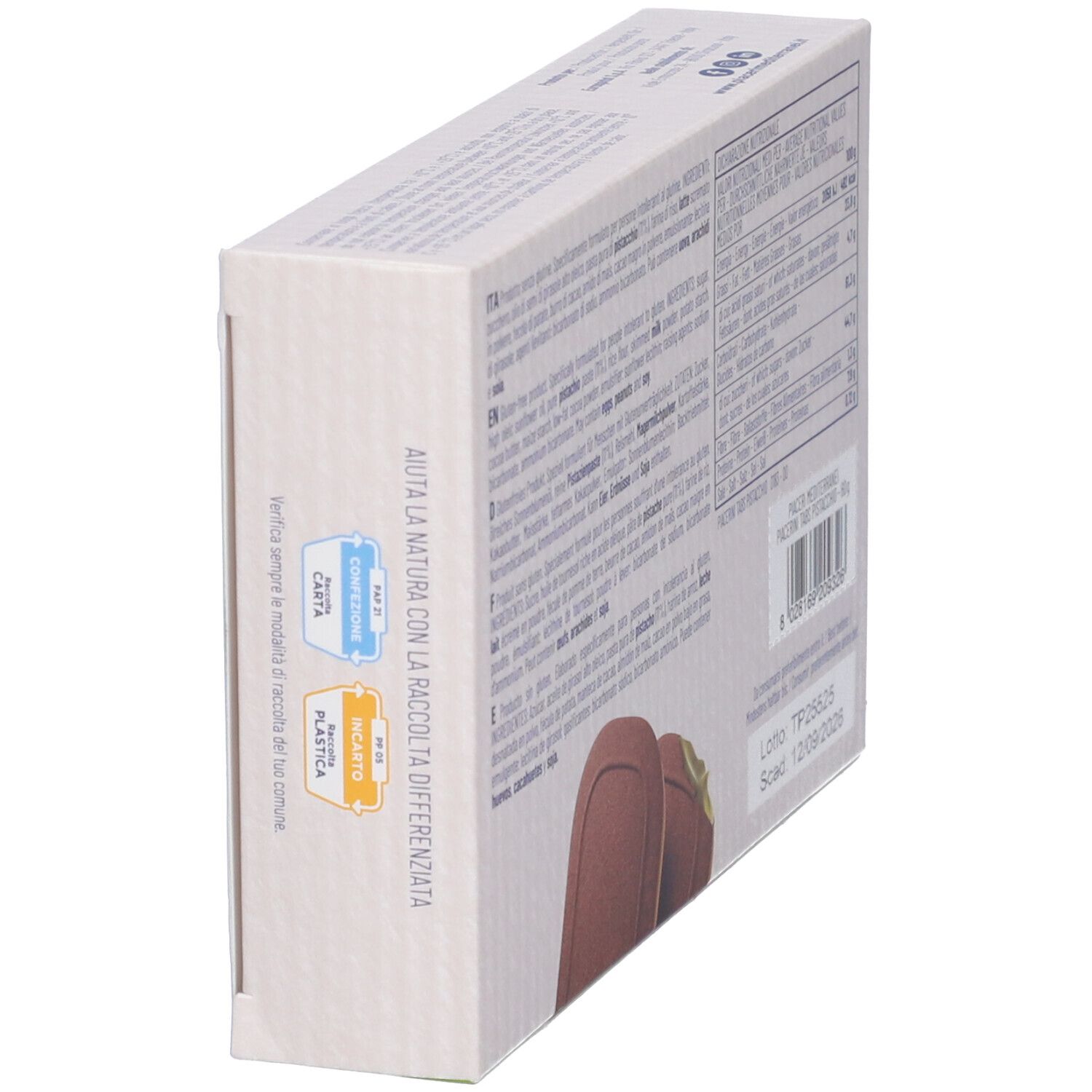 Vista laterale della confezione Piacerini Tabs Pistacchio. Testo e indicazioni di riciclo. Simboli colorati.