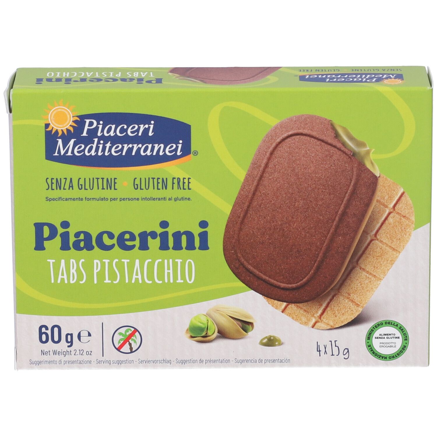 Confezione Piacerini Tabs Pistacchio. Scatola verde e bianca con immagine del prodotto e testo. Illustrazione pistacchi.