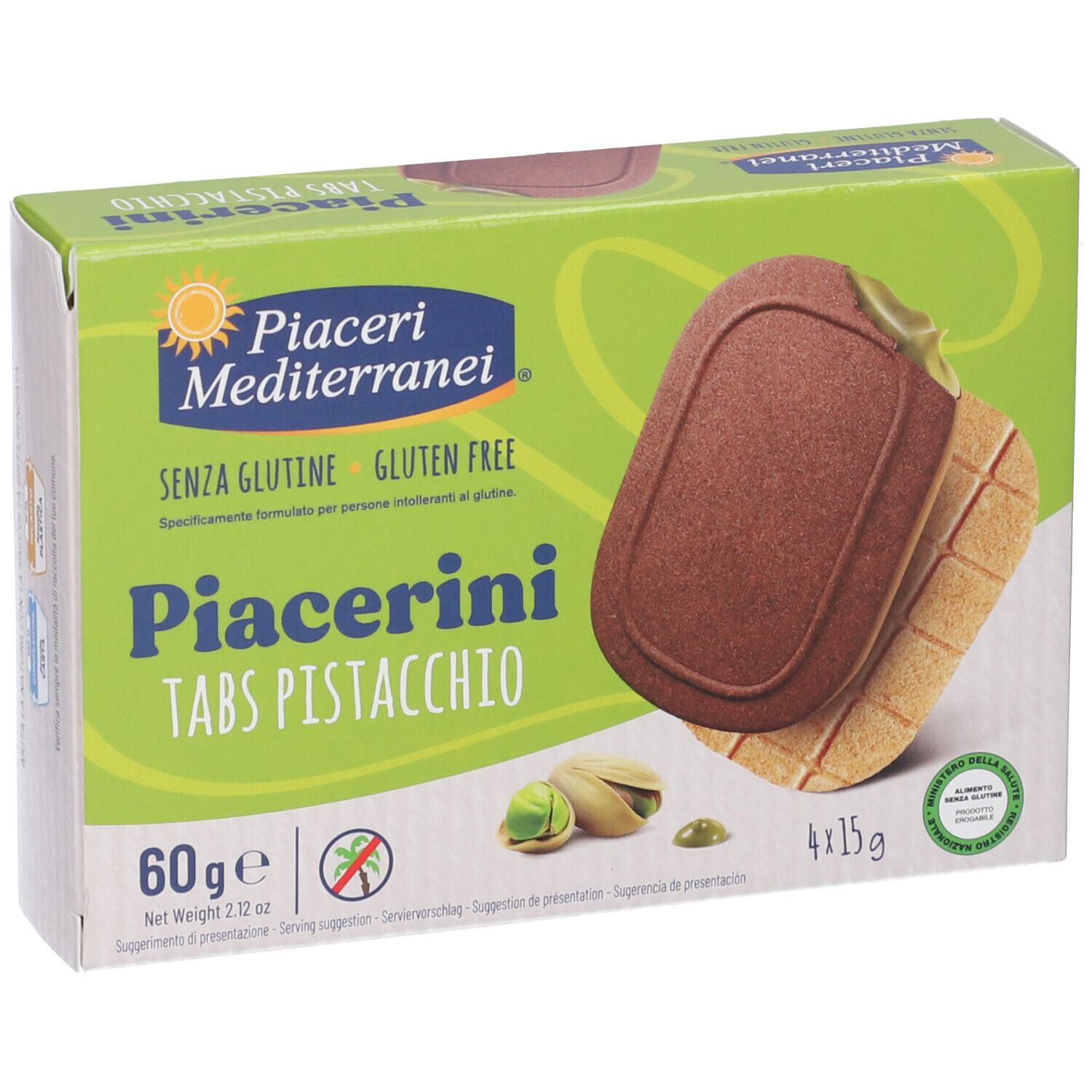 Confezione Piacerini Tabs Pistacchio. Scatola verde e bianca con immagine del prodotto e testo. Illustrazione pistacchi.