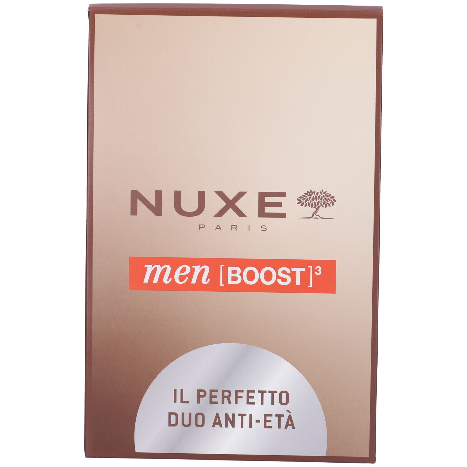 Confezione NUXE con scritta "men [BOOST]³" e "IL PERFETTO DUO ANTI-ETÀ".
