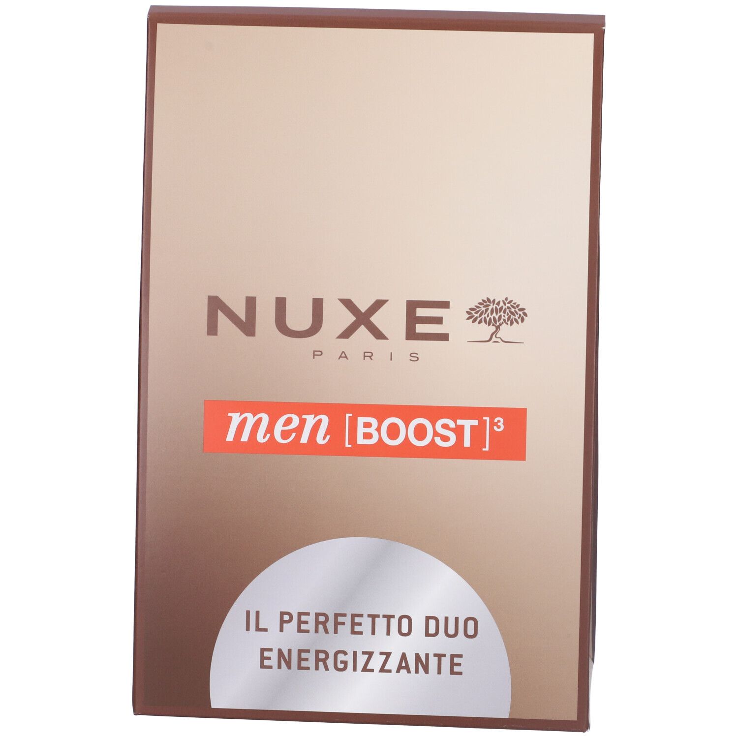 Confezione NUXE con testo "men [BOOST]³" e "IL PERFETTO DUO ENERGIZZANTE". Colori beige e marrone.