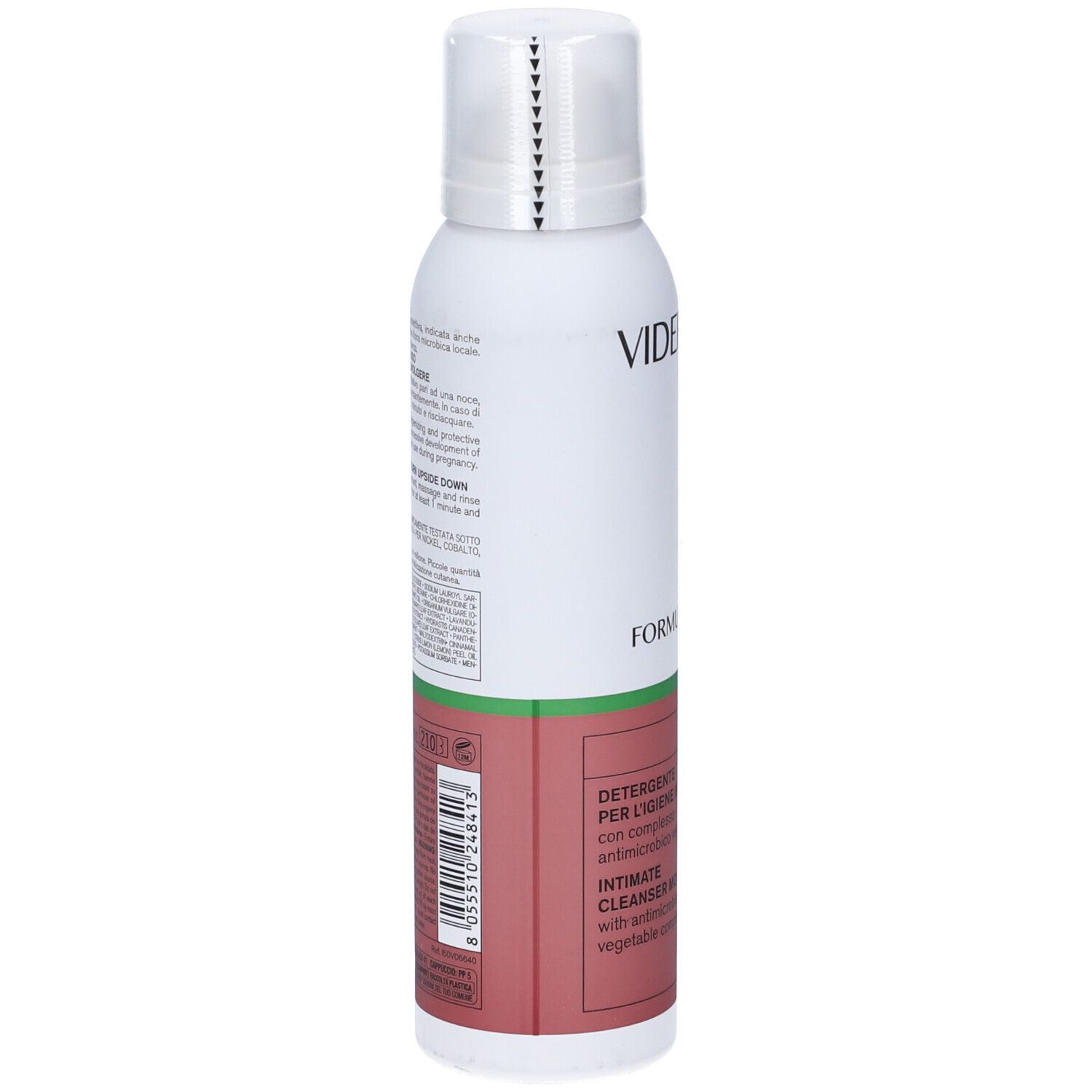 Flacone bianco con erogatore spray. Retro con testo. Testo: Detergente per l'igiene intima, Intimate cleanser mousse.