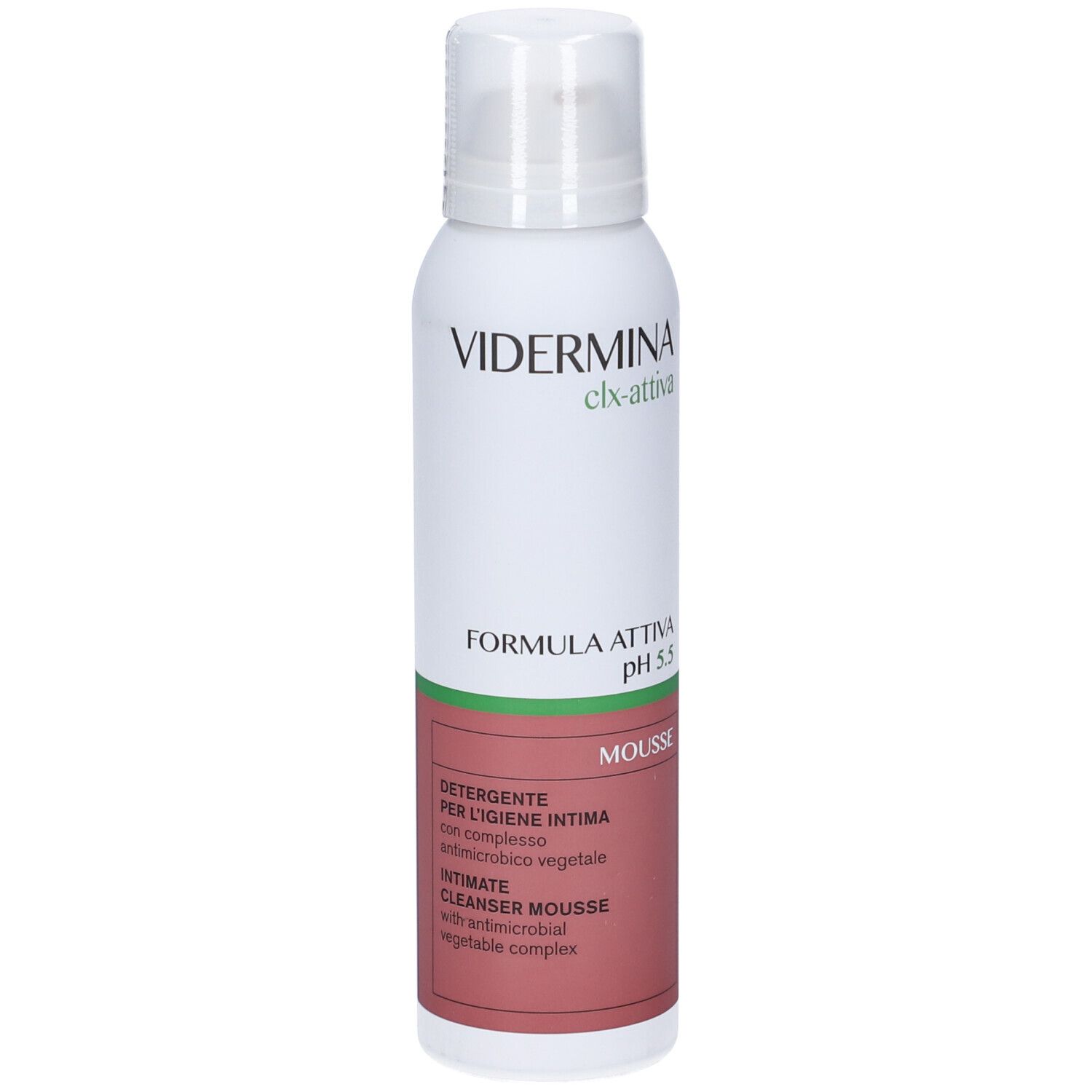 Flacone bianco-rosso con erogatore spray. Testo: Vidermina clx-attiva, Formula Attiva pH 5.5, Mousse. Per l'igiene intima.