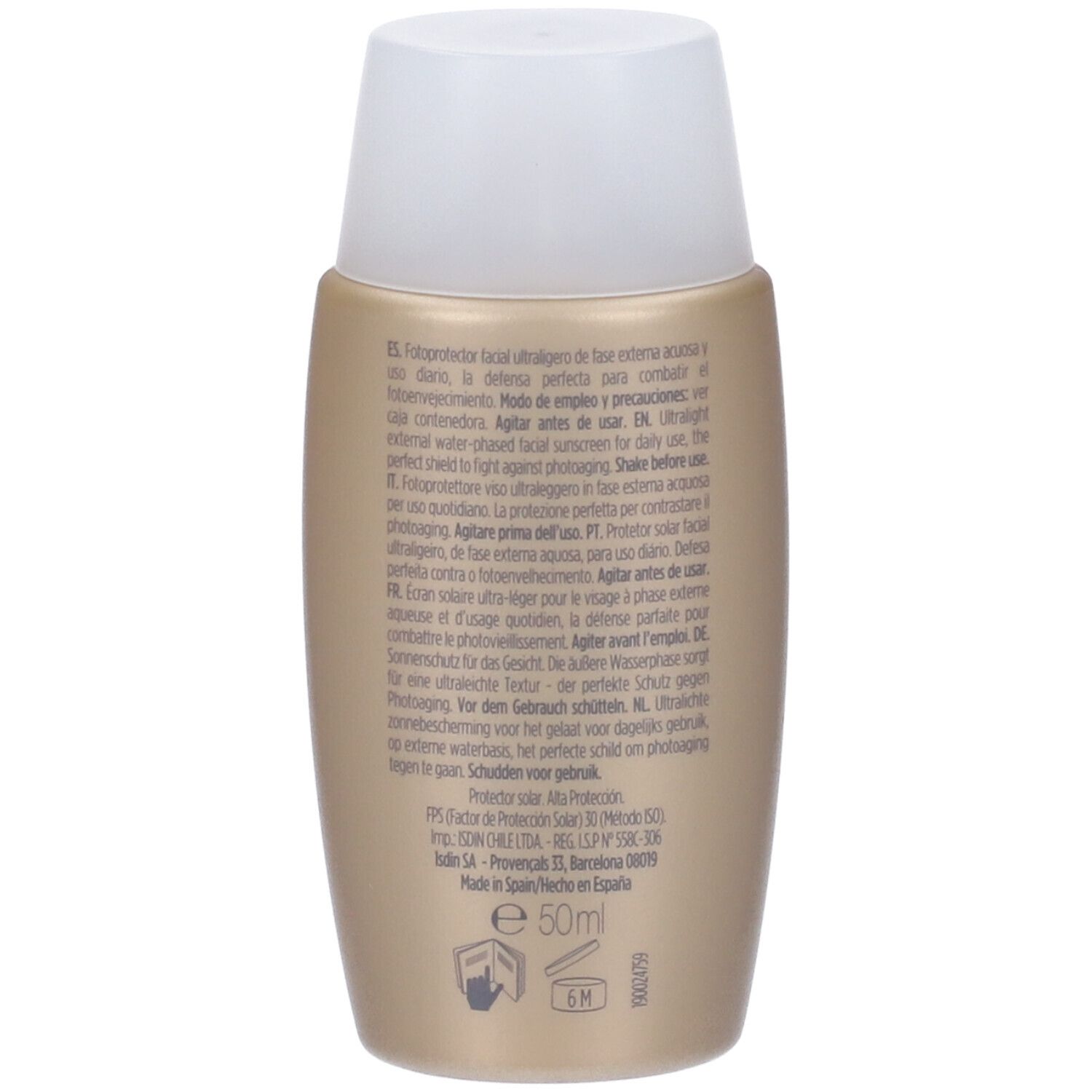 Retro del flacone dorato. Testo multilingue. In basso: 50ml, simbolo 6M.