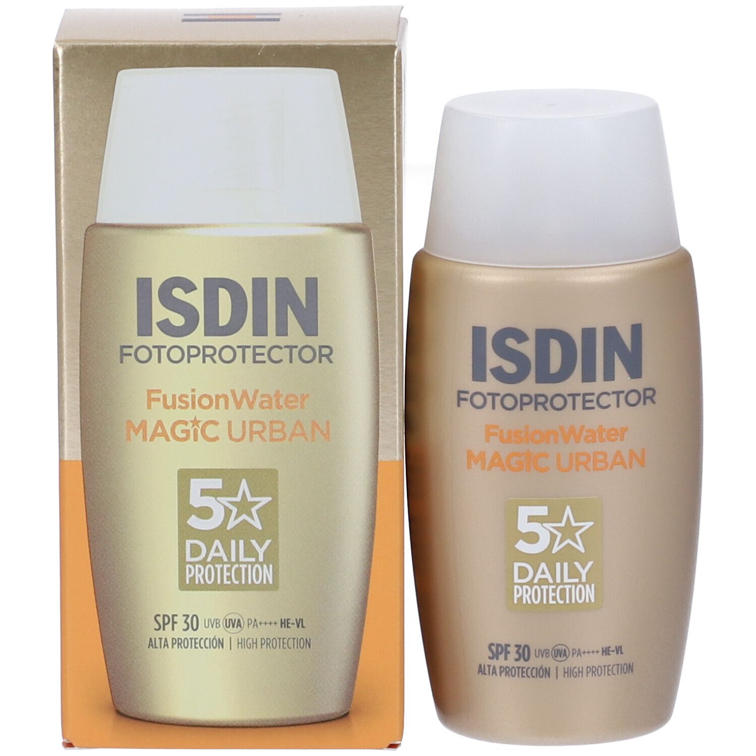 Due flaconi affiancati. A sinistra: prodotto nella confezione. A destra: flacone. Scritta: ISDIN, Fotoprotector, Fusion Water, Magic Urban, SPF 30.
