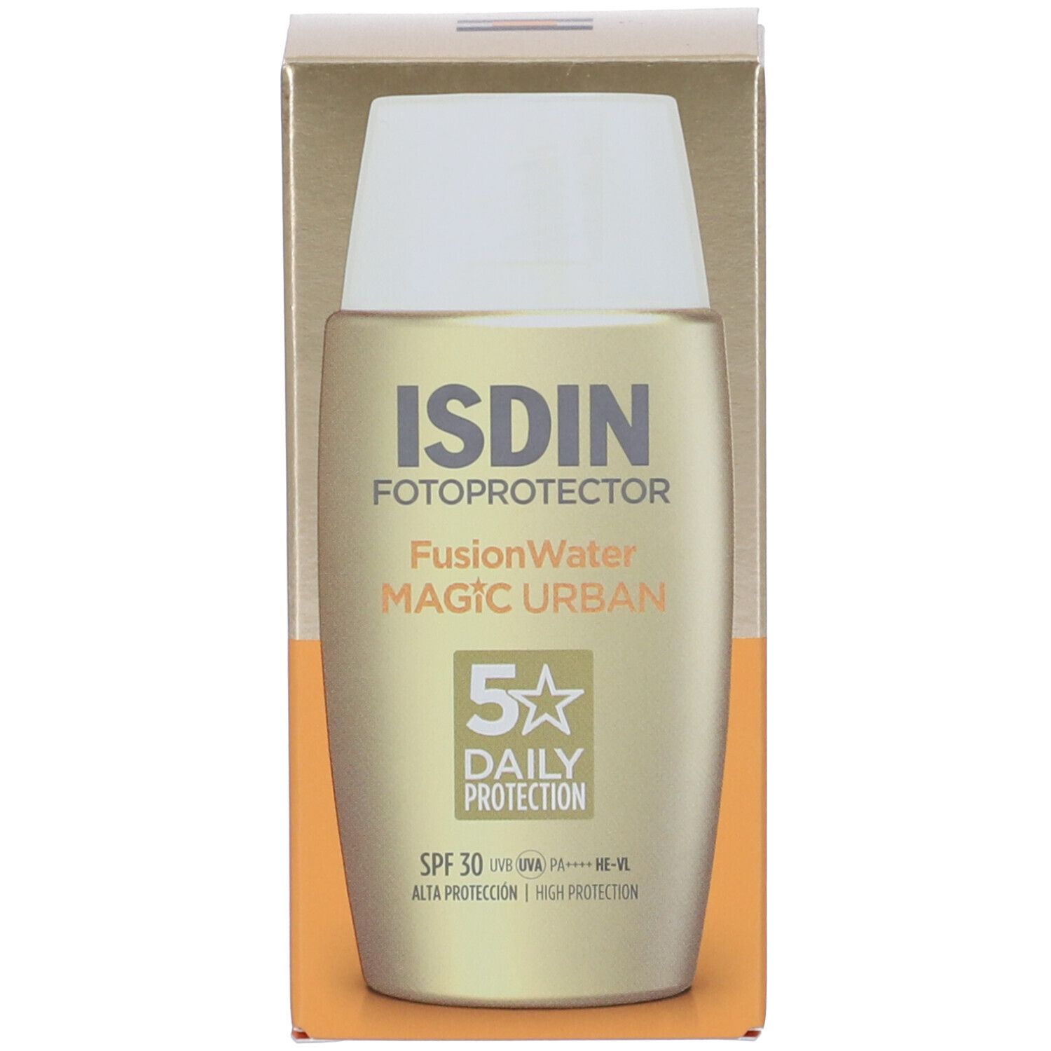 Prodotto nella confezione. Scritta: ISDIN, Fotoprotector, Fusion Water, Magic Urban, 5 stelle, Daily Protection, SPF 30.