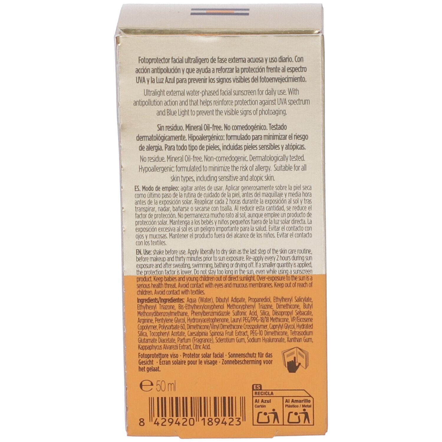 Retro della confezione. Testo multilingue. In basso: 50 ml.