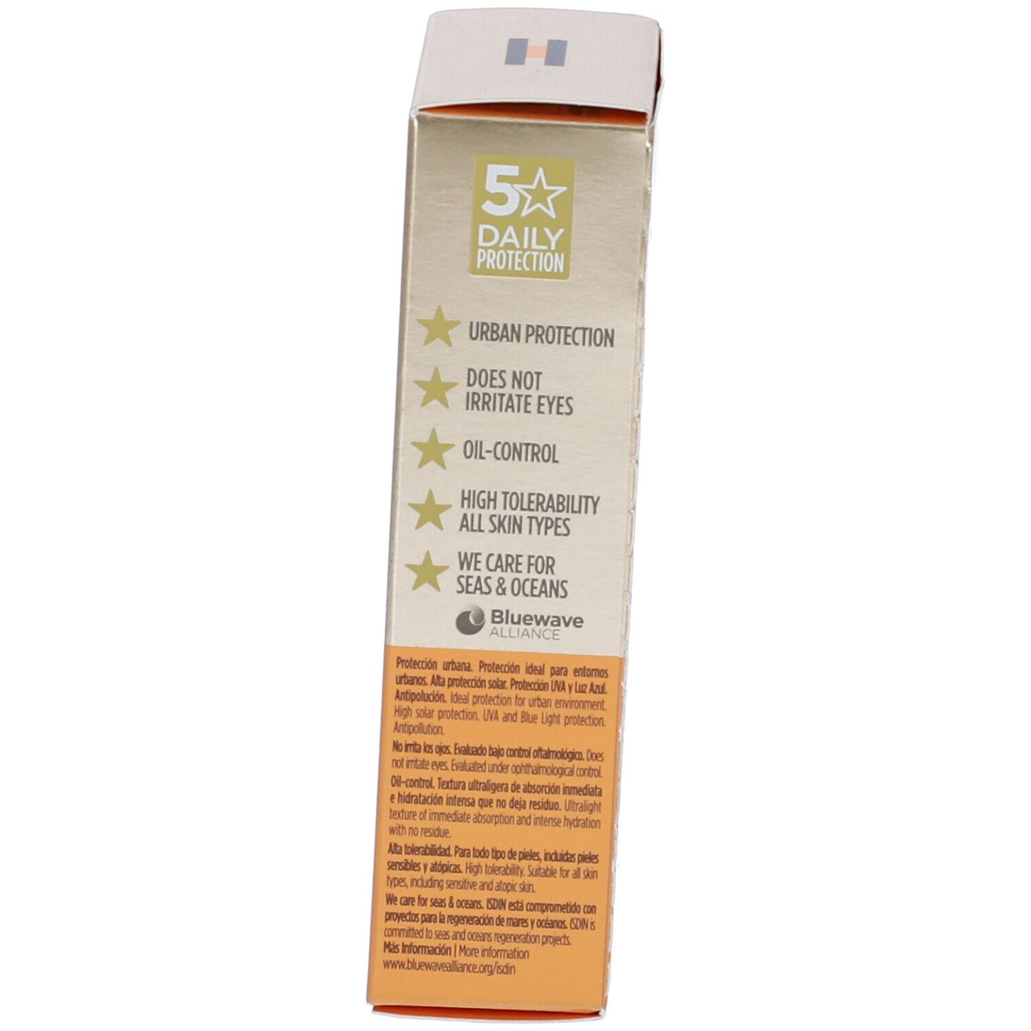 Lato della confezione. Scritta: 5 stelle, Daily Protection, Urban Protection, ecc. Logo Bluewave Alliance.