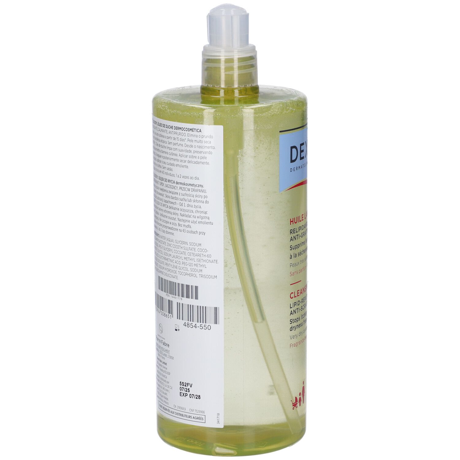 Retro del flacone. Etichetta con testo e codice a barre. Liquido trasparente visibile.