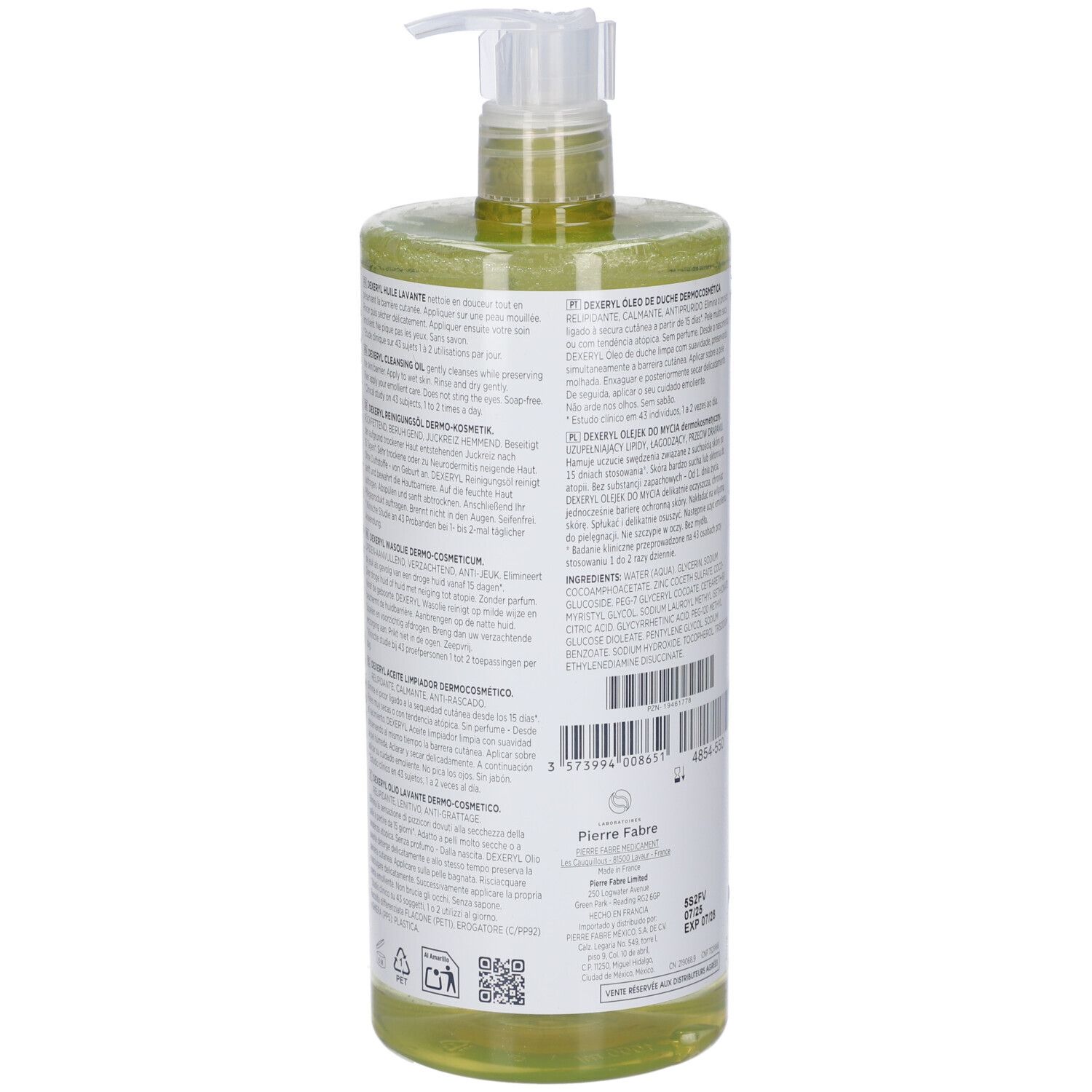 Retro del flacone. Etichetta con testo e codice a barre. Liquido trasparente visibile.