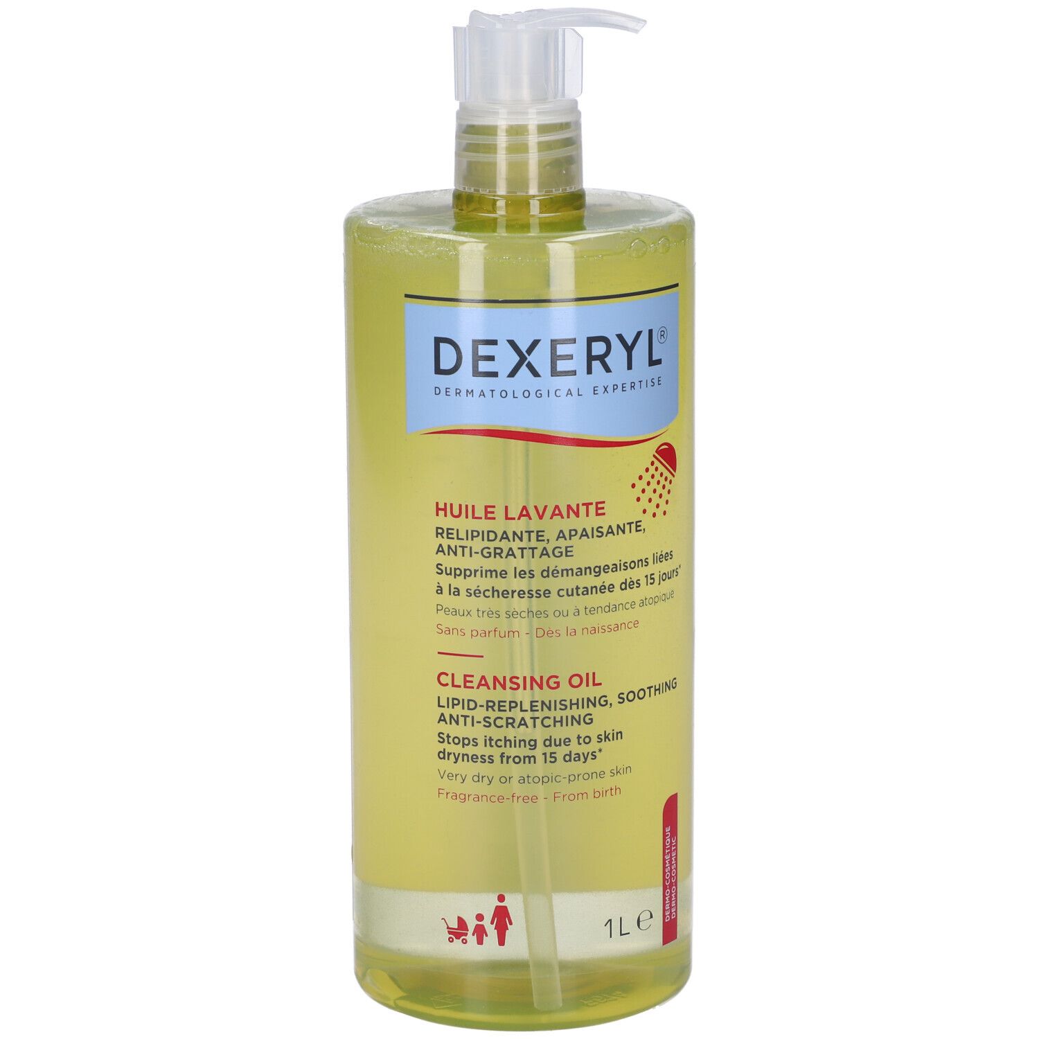 Flacone giallo con dosatore. Scritta: DEXERYL, HUILE LAVANTE, CLEANSING OIL. 1L.