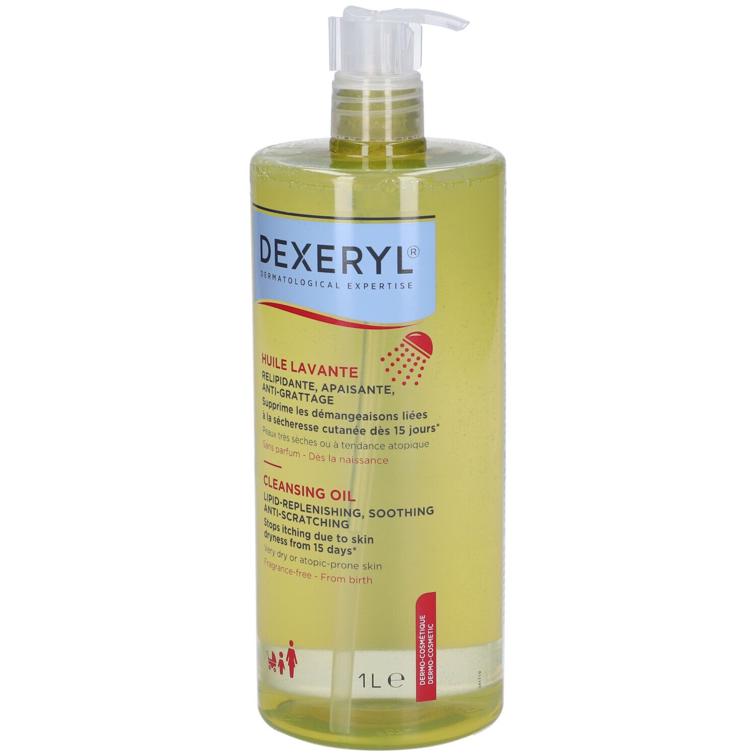 Flacone giallo con dosatore. Scritta: DEXERYL, HUILE LAVANTE, CLEANSING OIL. 1L.