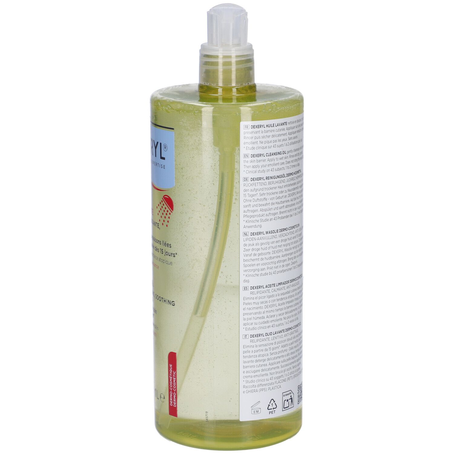 Retro del flacone. Etichetta con testo e codice a barre. Liquido trasparente visibile.