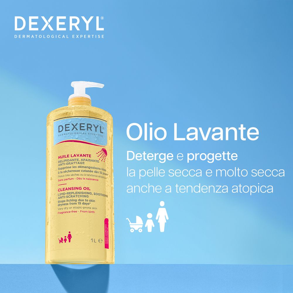 Flacone di prodotto con testo: Olio Lavante. Deterge e protegge pelli secche e molto secche, anche a tendenza atopica. Sfondo blu.