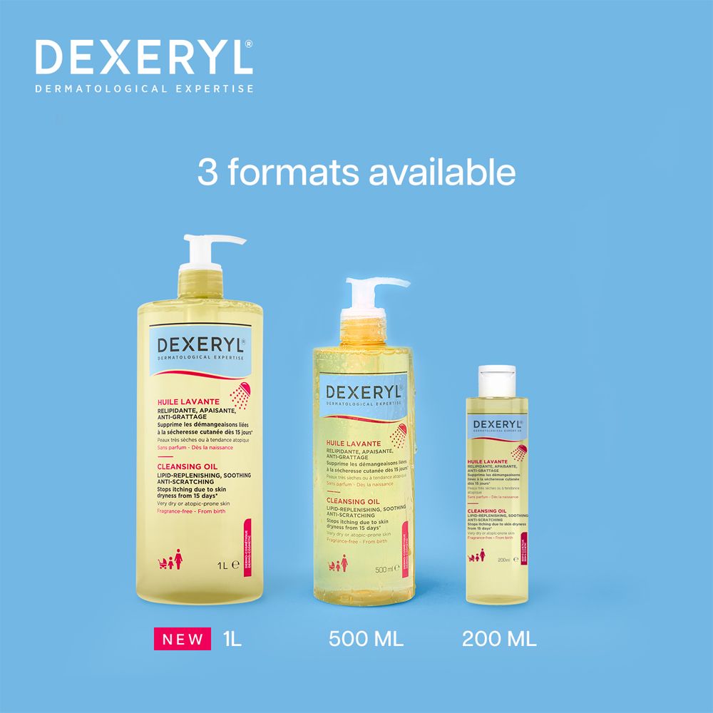 Tre flaconi Dexeryl Olio Lavante. 1L, 500ml e 200ml. Testo: 3 formati disponibili.
