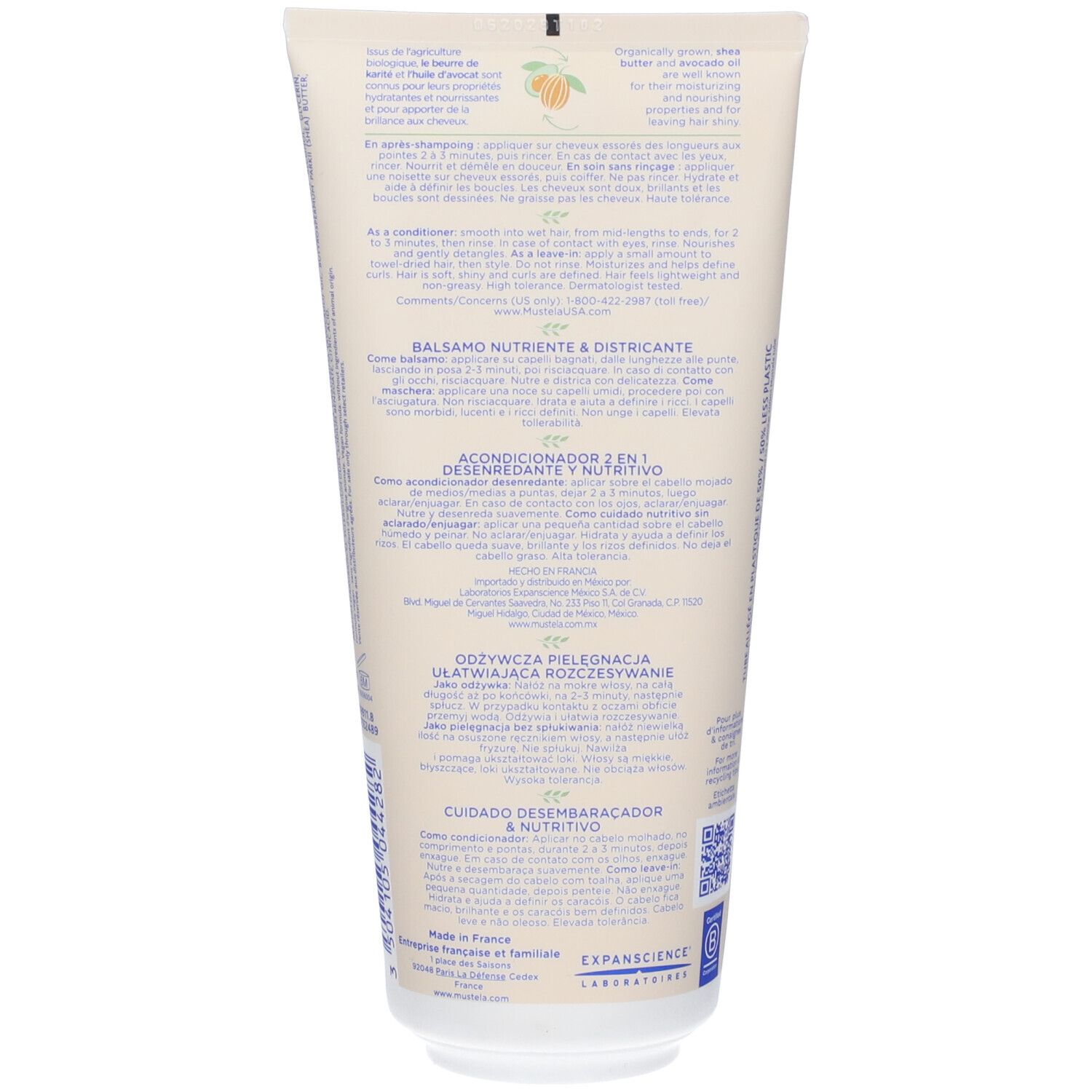 Retro di un tubo di crema con testo multilingue. Informazioni sugli ingredienti e l'uso.