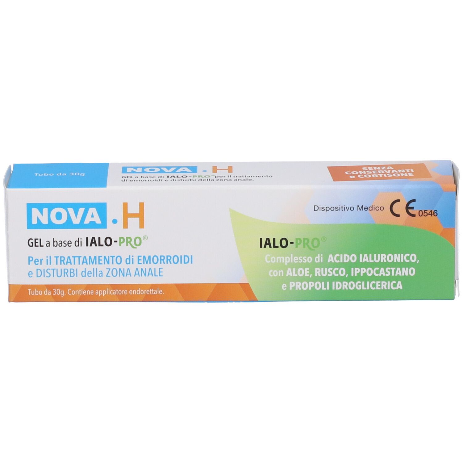 Confezione del prodotto. Scatola blu e bianca. Testo: NOVA.H, gel per emorroidi. Dispositivo medico. IALO-PRO. Marchio CE.