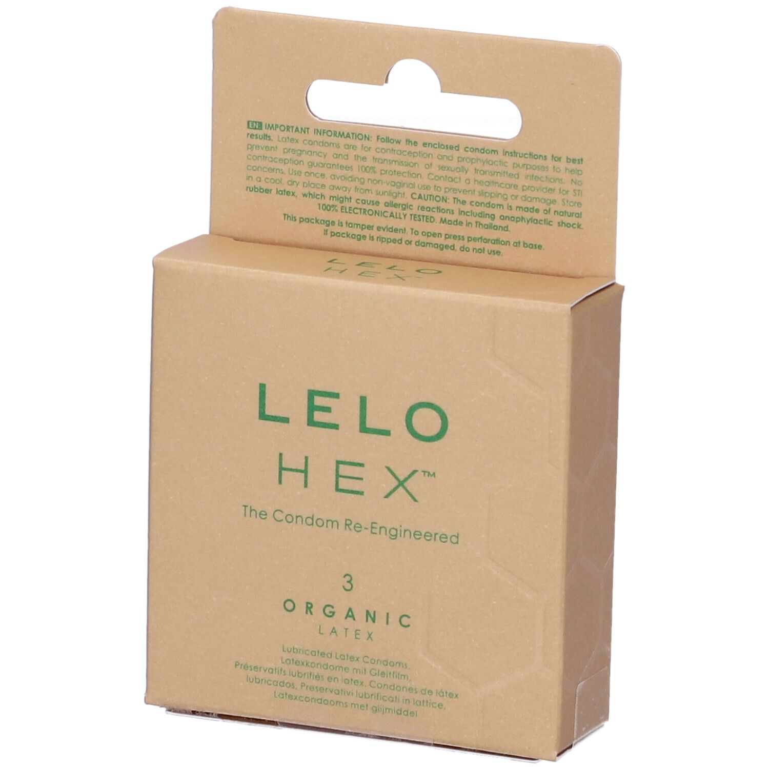 Confezione in cartone LELO HEX con testo. Contiene 3 preservativi in lattice organico. Scritta: The Condom Re-Engineered.