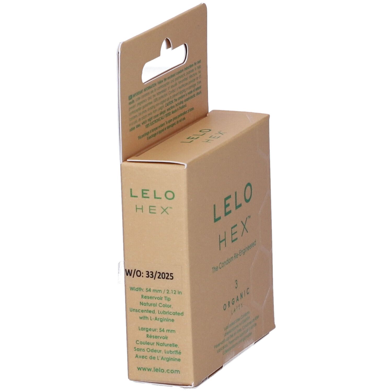 Confezione in cartone LELO HEX, vista laterale. Contiene 3 preservativi. Scritta: The Condom Re-Engineered. Informazioni su dimensioni e ingredienti.