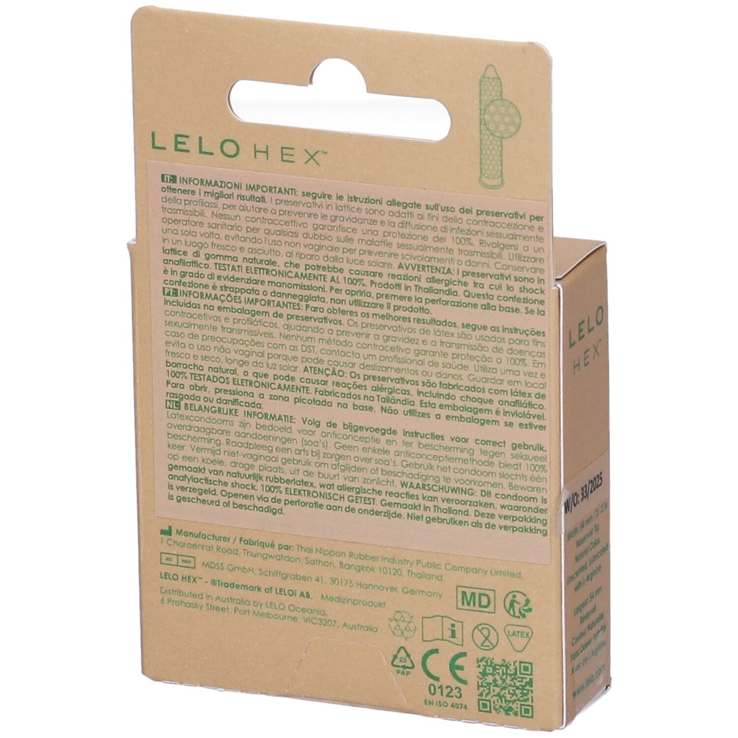 Retro della confezione in cartone LELO HEX. Testo multilingue. Contiene informazioni sugli ingredienti e sul produttore.