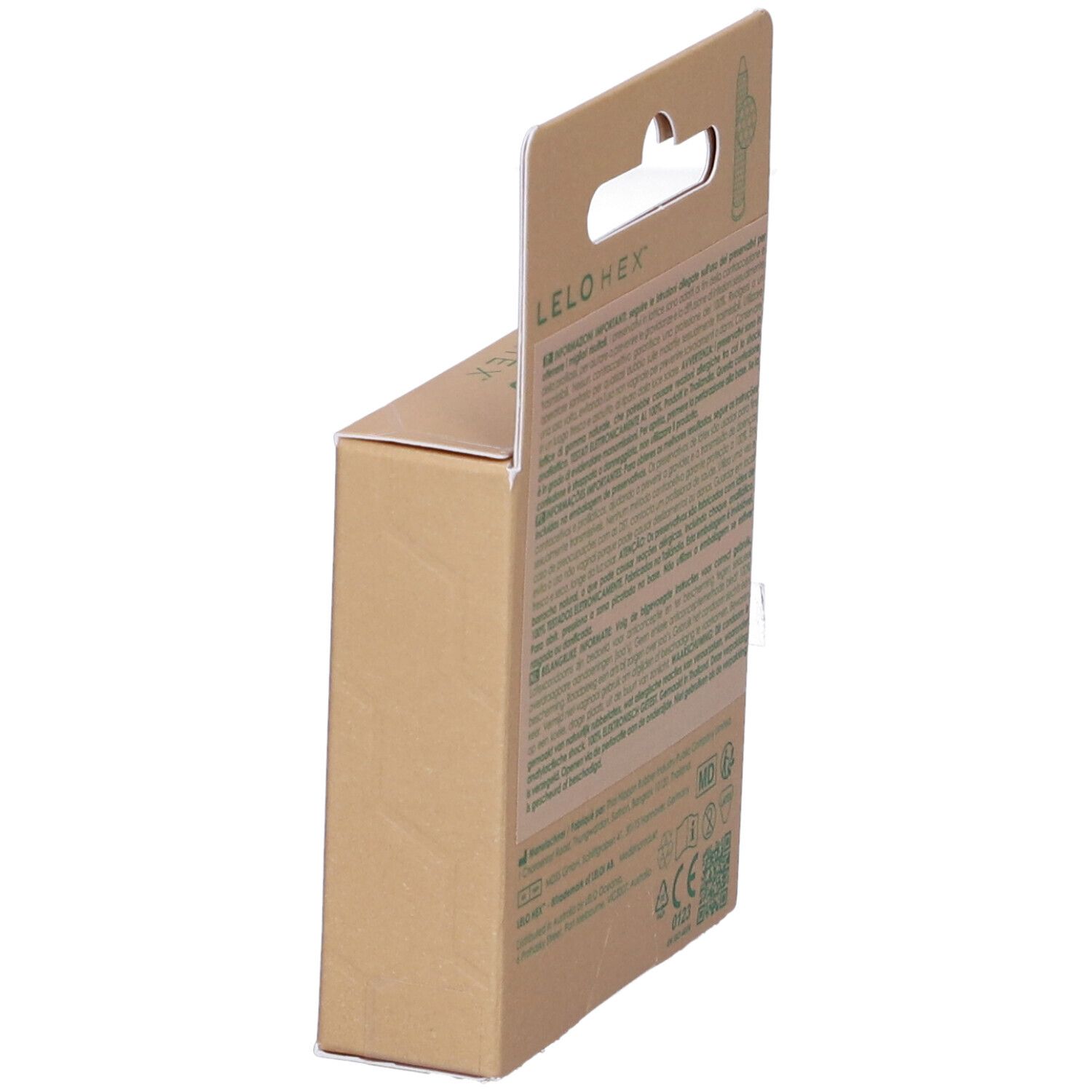 Vista laterale della confezione in cartone LELO HEX. Testo e logo. Contiene informazioni sugli ingredienti e sul produttore.