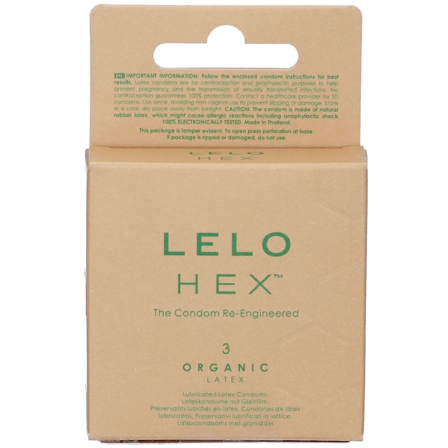 Confezione in cartone LELO HEX con testo. Contiene 3 preservativi in lattice organico. Scritta: The Condom Re-Engineered.